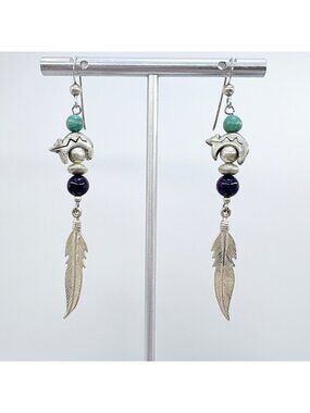 Turquoise Lapis & Sterling Silver 925 Native American Feather Earrings Size 2.75